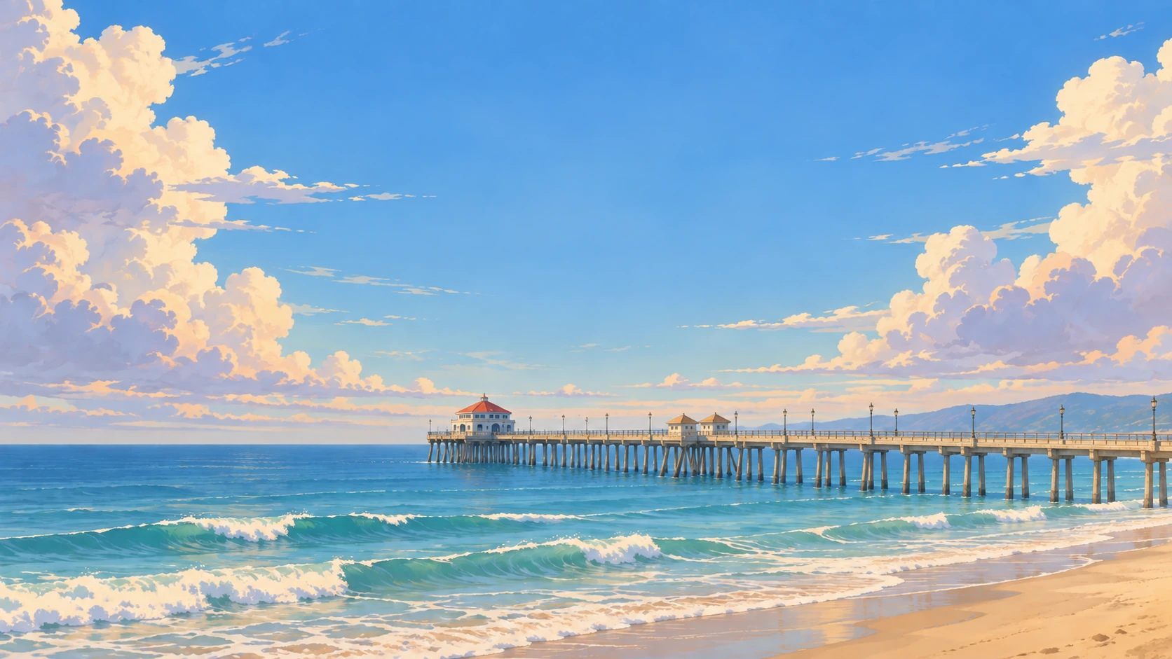 The rustic Huntington Beach Pier beneath luminous painted clouds