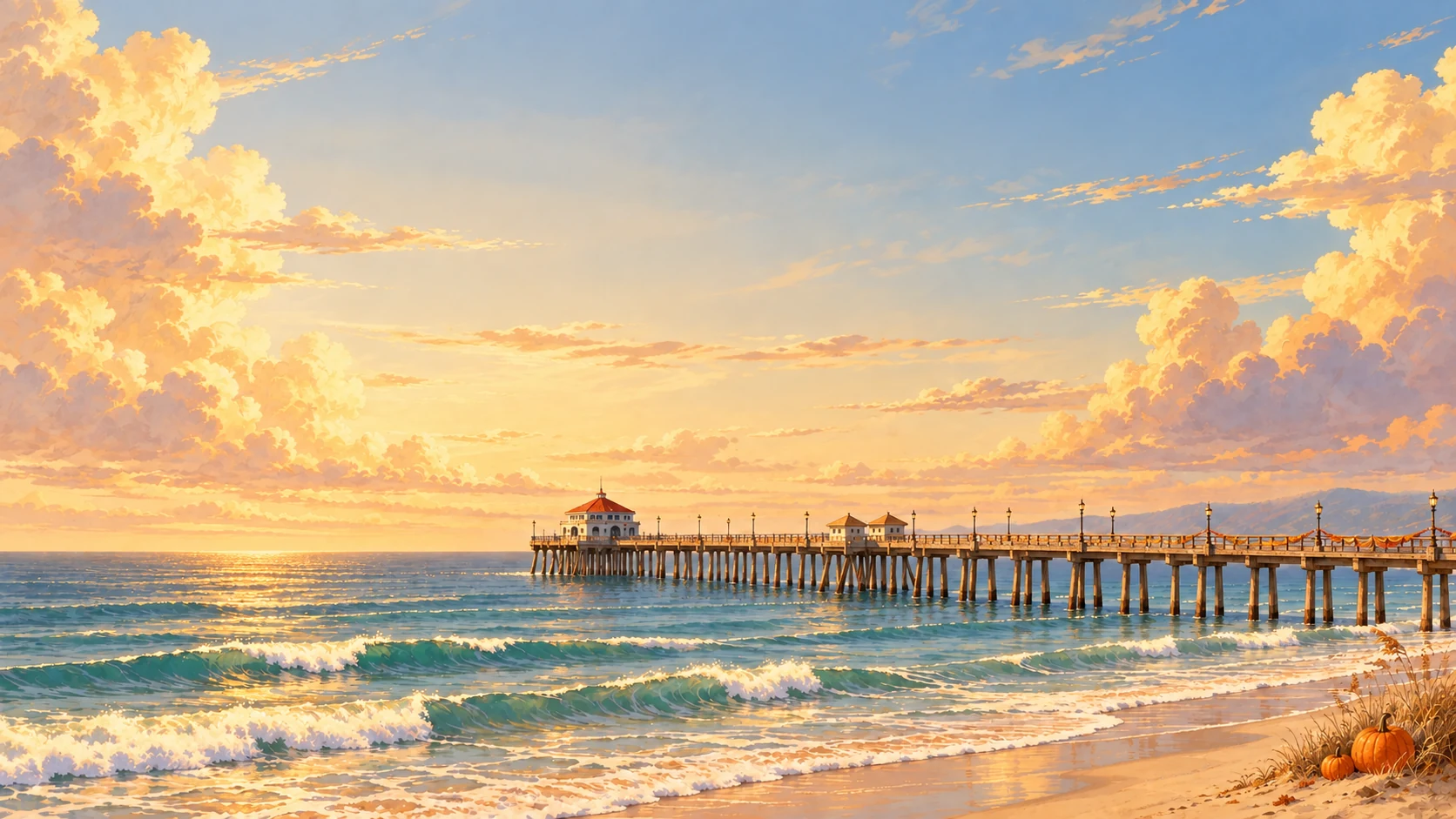 Huntington Beach Pier beneath golden autumn clouds, with subtle garlands and pumpkins on the sand